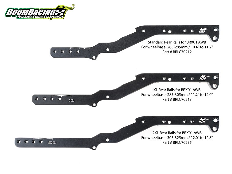 แชสซีส์ BRLC70235 : Boom Racing รางแชสซีหลังอลูมิเนียม Billet แบบ 2XL ปรับระยะได้ 305–325 มม. (12.0"–12.8") ซ้าย/ขวา สำหรับ BRX01 AWB - Image 4