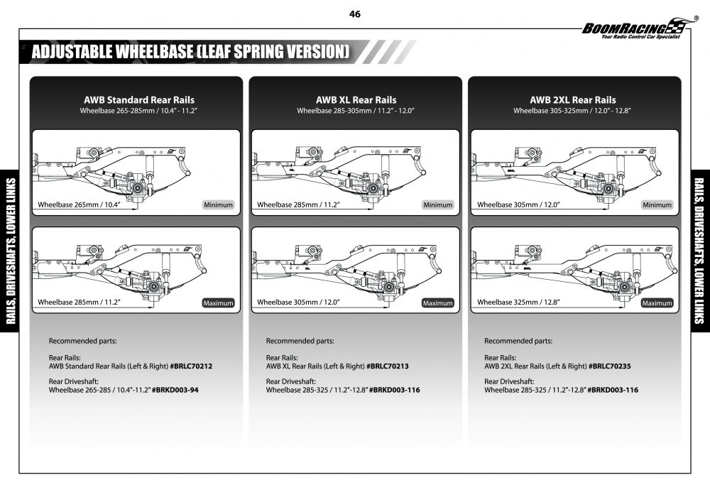 แชสซีส์ BRLC70213 : Boom Racing รางแชสซีหลังอะลูมิเนียมปรับระยะได้ XL แบบ Billet ขนาด 285–305 มม. (11.2"–12.0") ซ้าย/ขวา สำหรับ BRX01 AWB - Image 6