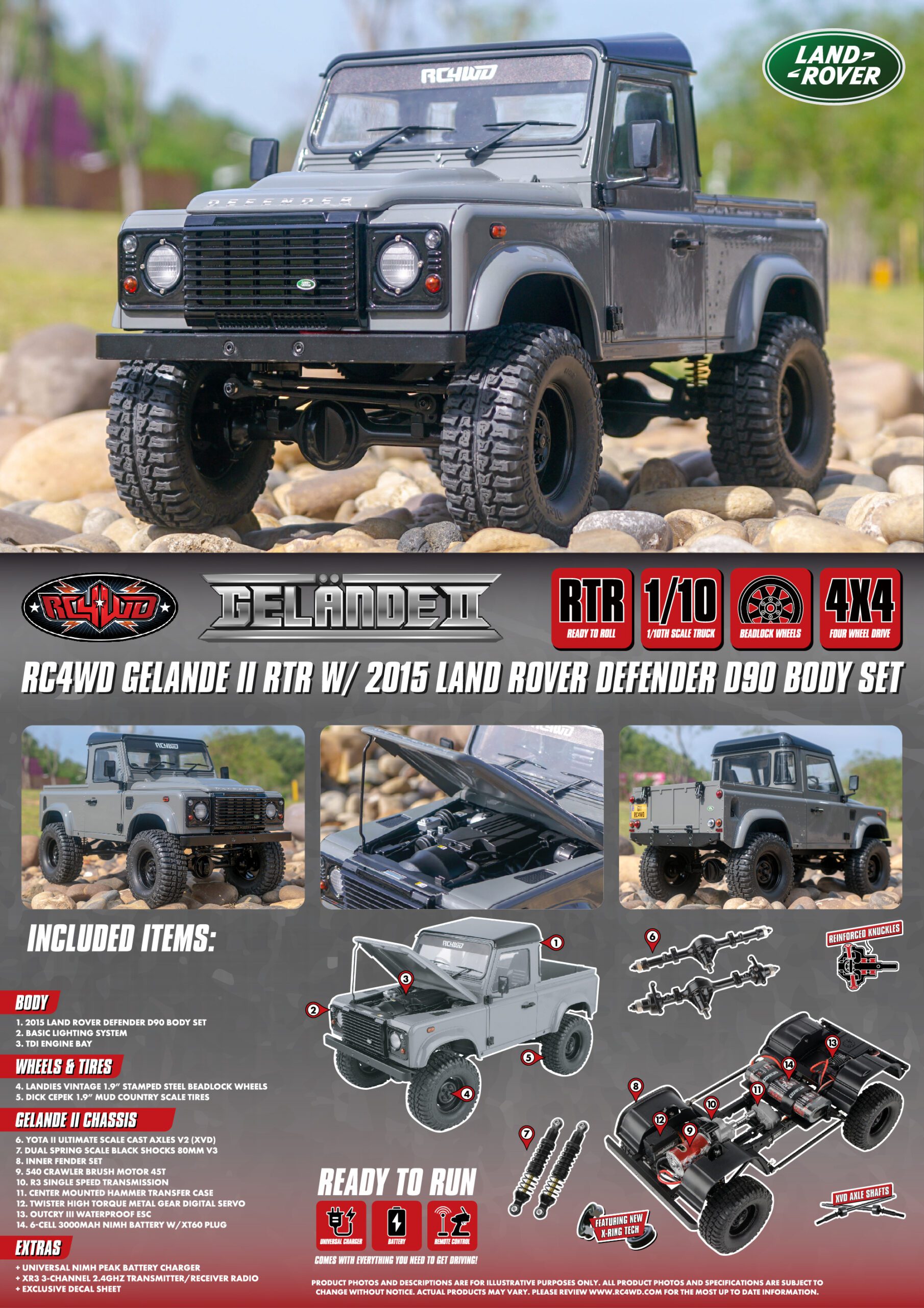 รถสเกลพร้อมเล่น Z-RTR0065 :RC4WD Gelande II RTR พร้อมชุดตัวถัง Land Rover Defender D90 ปี 2015 (สีเทา)