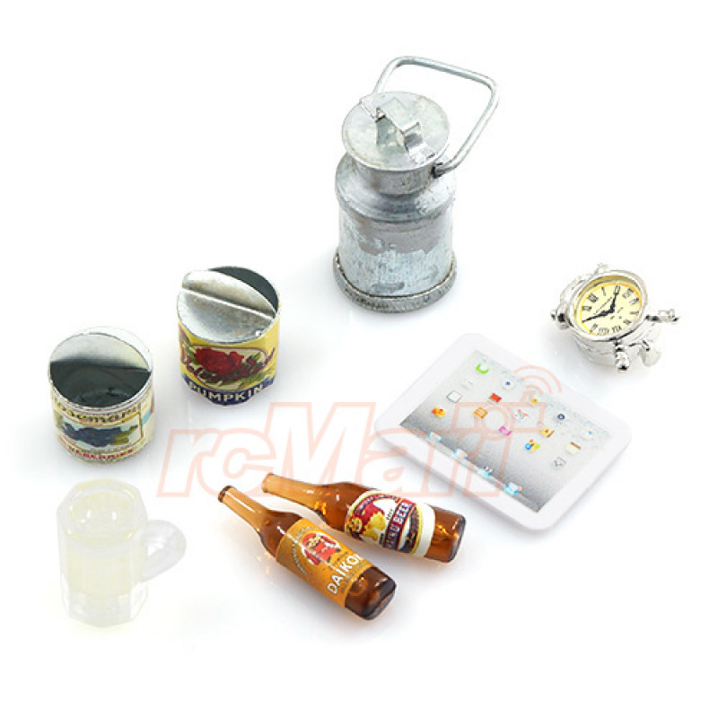ของแต่ง YA-0365 : Yeah Racing 1/10 RC Crawler Camping Accessory Combo w/ Beer Bottle & Glass, Ipad, Tin Can, Metal Milk Can